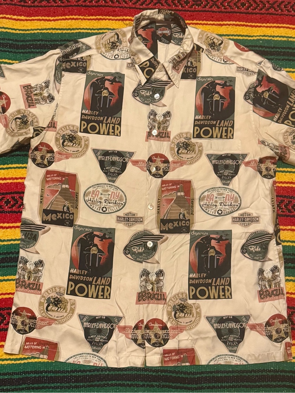 Ed Hardy Beige Short-Sleeve Button Shirt with Multicolor Travel Patch Print